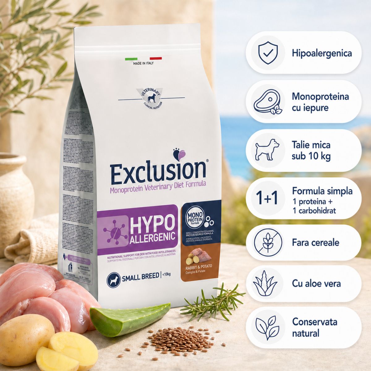 EXCLUSION Monoprotein VD Hyppoallergenic Small, XS-S, Iepure și Cartofi, dietă veterinară, hrană uscată fără cereale câini, alergii, 2kg - imagine 5